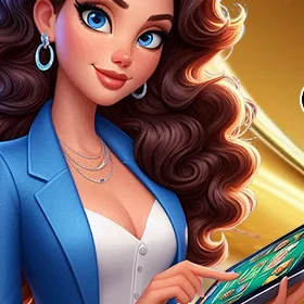 Karakter berblazer biru memegang tablet dengan papan permainan pada artwork resmi 8180