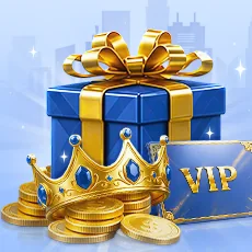 Kado biru berikat pita emas, mahkota, dan kartu VIP pada artwork resmi 8180