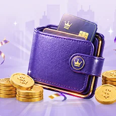 Dompet ungu dengan kartu dan tumpukan koin emas pada artwork resmi 8180